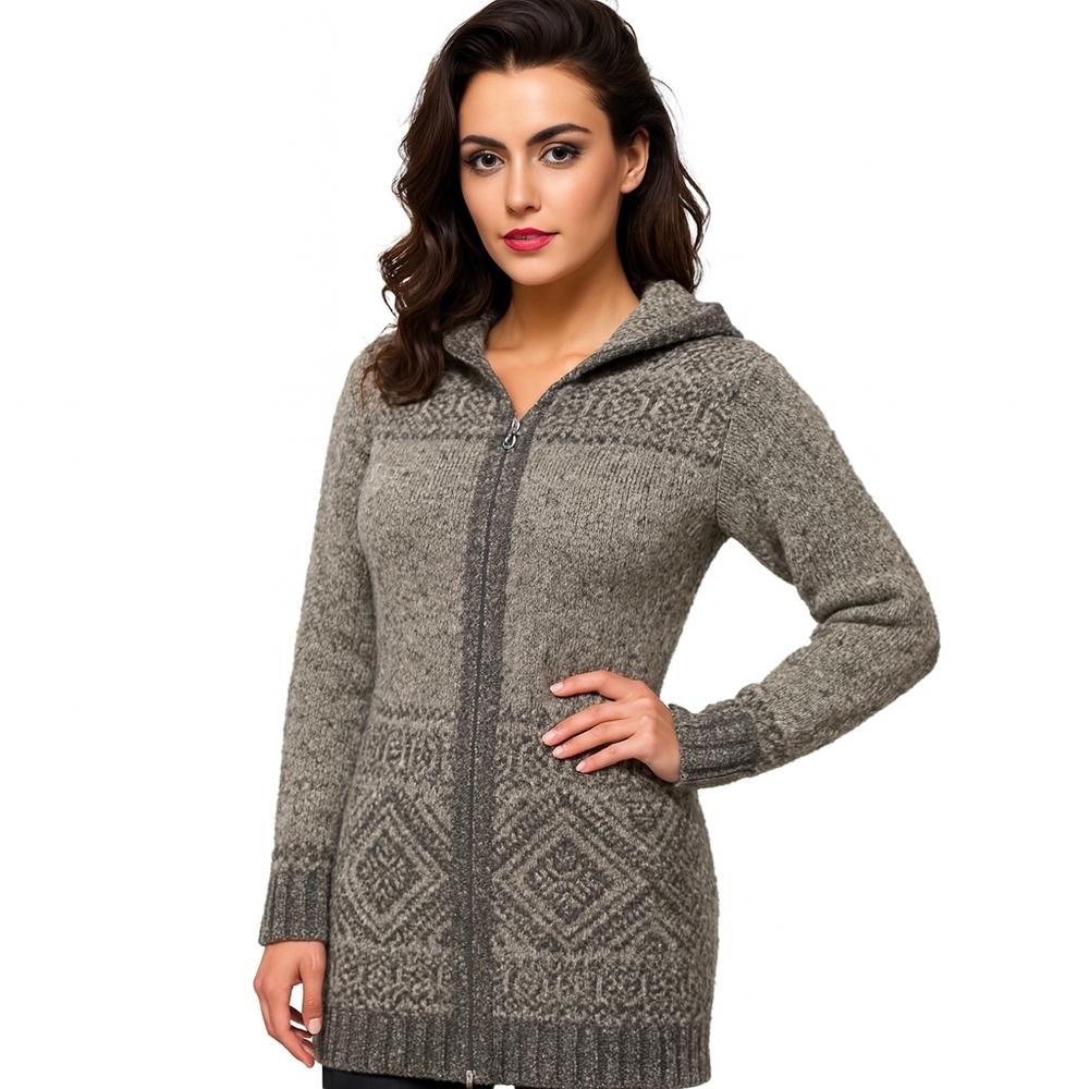 Inis Crafts Irish Wool Hooded Fair Isle Cardigan Tunic Coatigan S